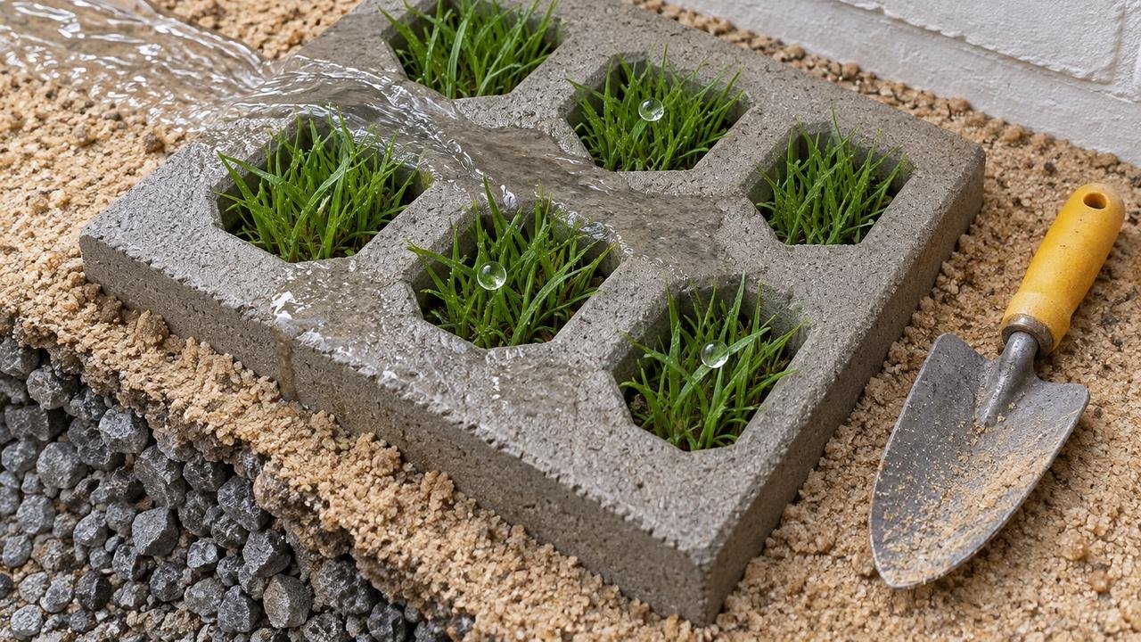 Base de brita e areia sob o concregrama permite que a água da chuva infiltre no solo