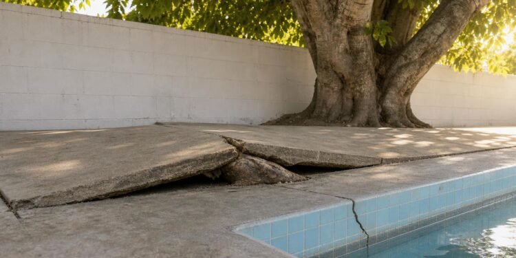 Raízes de figueira levantam o piso da garagem e racham a piscina do vizinho