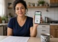 Mulher segura celular com aplicativo de banco aberto na mesa da cozinha
