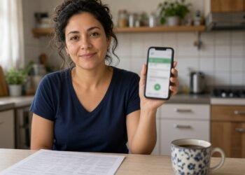 Mulher segura celular com aplicativo de banco aberto na mesa da cozinha