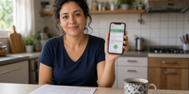 Mulher segura celular com aplicativo de banco aberto na mesa da cozinha