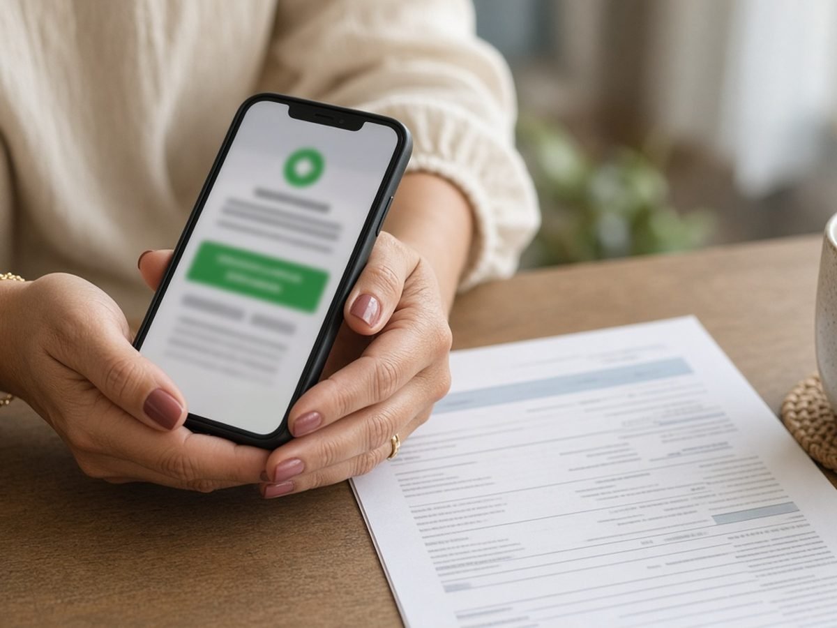 Mãos seguram celular com notificação de transferência recebida no aplicativo do banco