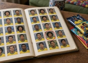 Álbum de figurinhas de futebol completo aberto sobre a mesa, com uma figurinha marcada