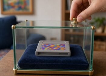 Cartucho de videogame exposto como joia em vitrine de vidro