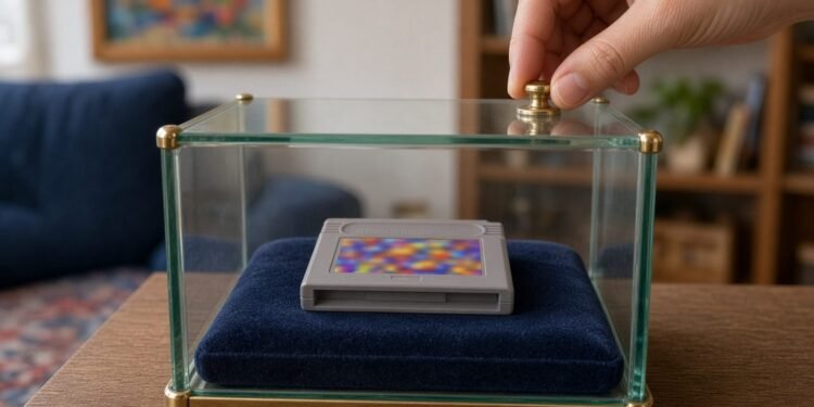 Cartucho de videogame exposto como joia em vitrine de vidro