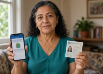 Mulher segura celular e título de eleitor de papel em casa