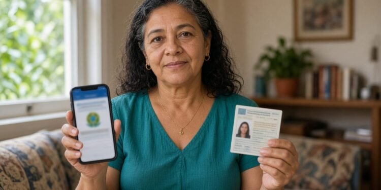 Mulher segura celular e título de eleitor de papel em casa