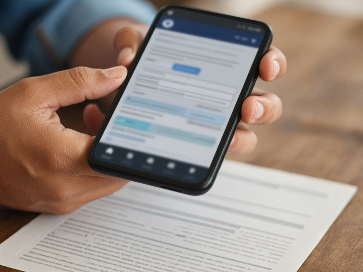 Mãos seguram celular com aplicativo aberto sobre título de eleitor impresso