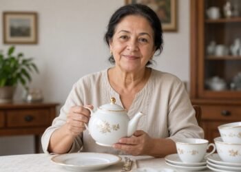 Mulher segura bule de porcelana branca com friso dourado na mesa de jantar