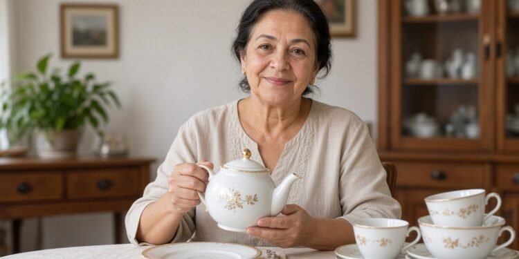 Mulher segura bule de porcelana branca com friso dourado na mesa de jantar
