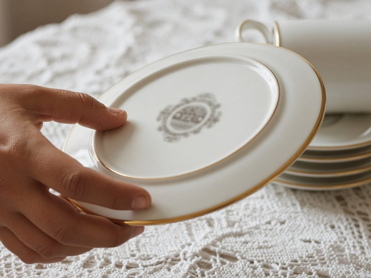 Mão vira prato de porcelana com friso dourado e mostra o carimbo do fabricante no verso
