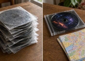Cópias de CD em envelopes de papel ao lado do disco original com estojo e mapa