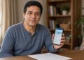 Homem segura celular com aplicativo de banco e contrato impresso na mesa
