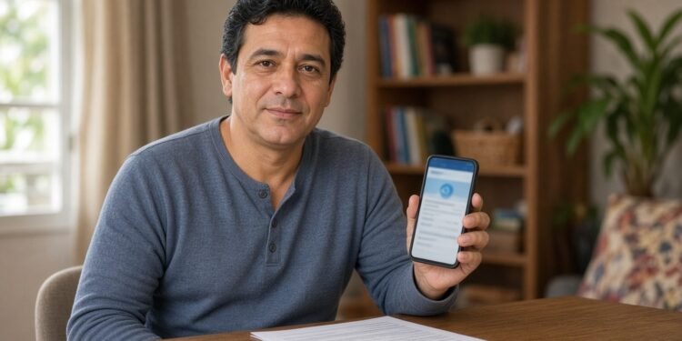 Homem segura celular com aplicativo de banco e contrato impresso na mesa