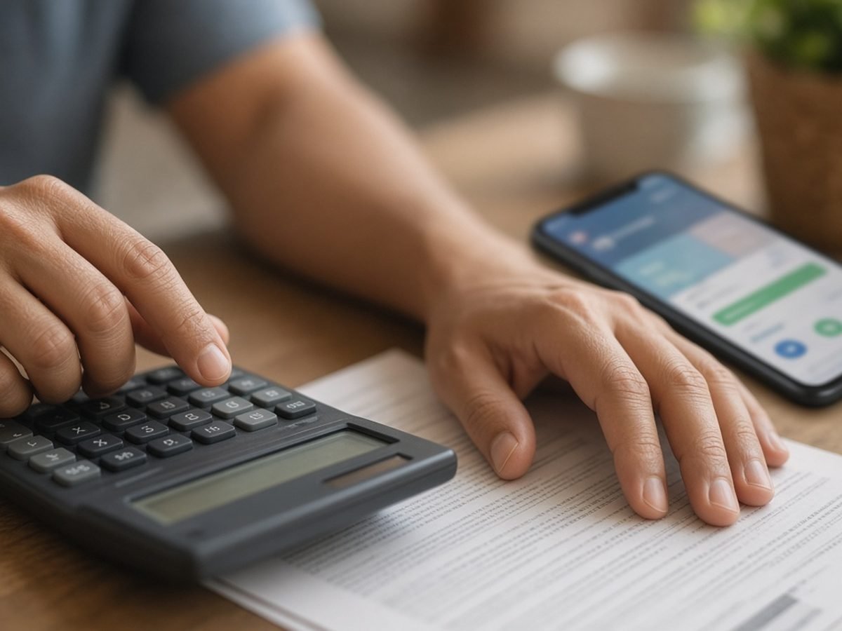 Mãos fazem conta na calculadora ao lado de contrato de empréstimo impresso