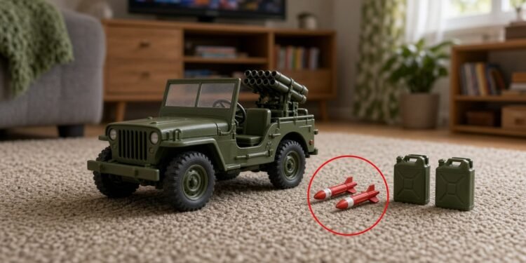 Jipe militar de brinquedo com mísseis e galões no tapete, com os mísseis marcados