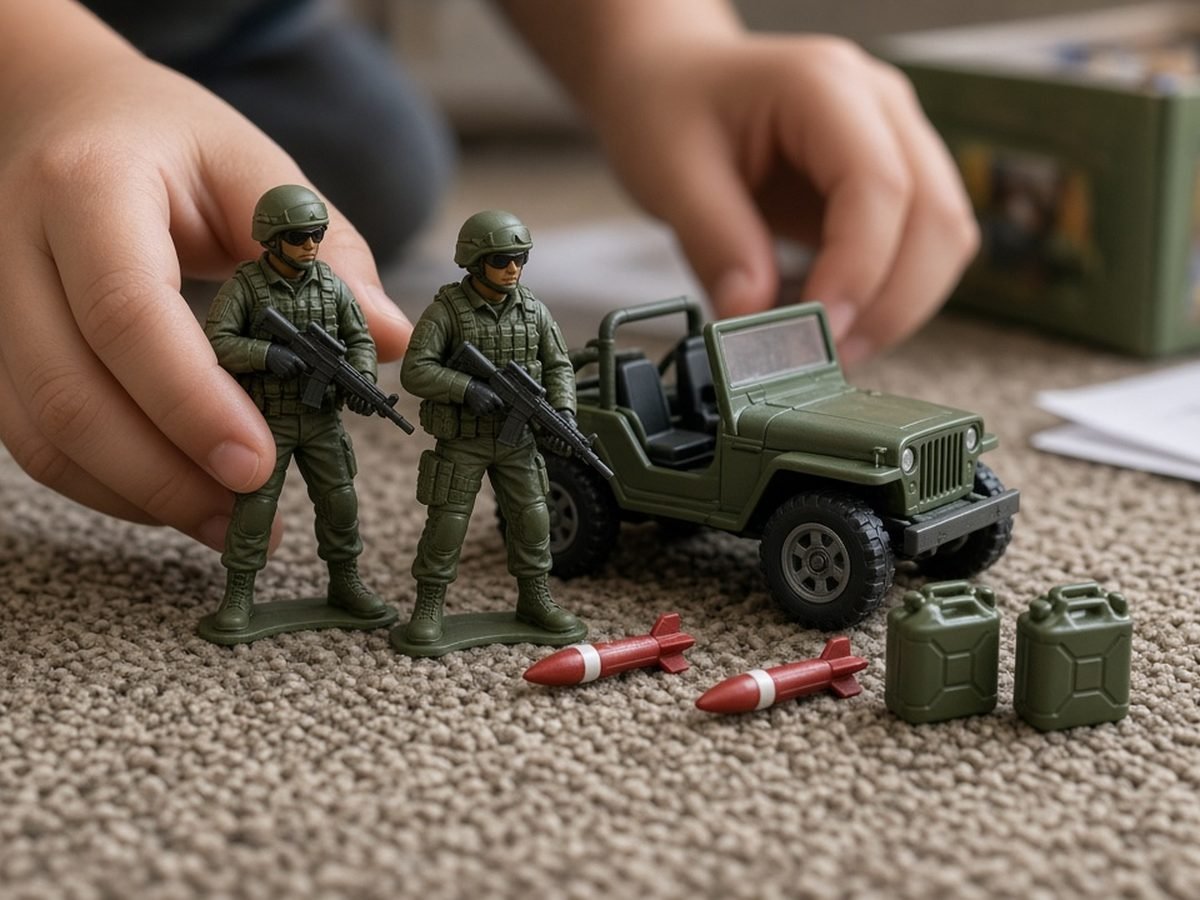 Bonecos militares pequenos ao lado de jipe de brinquedo com mísseis e galões
