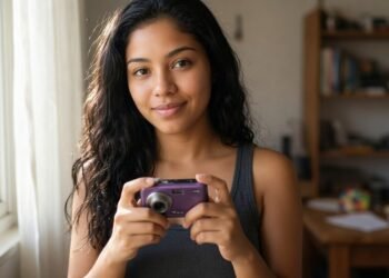 Jovem segura câmera digital compacta violeta perto da janela