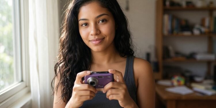 Jovem segura câmera digital compacta violeta perto da janela