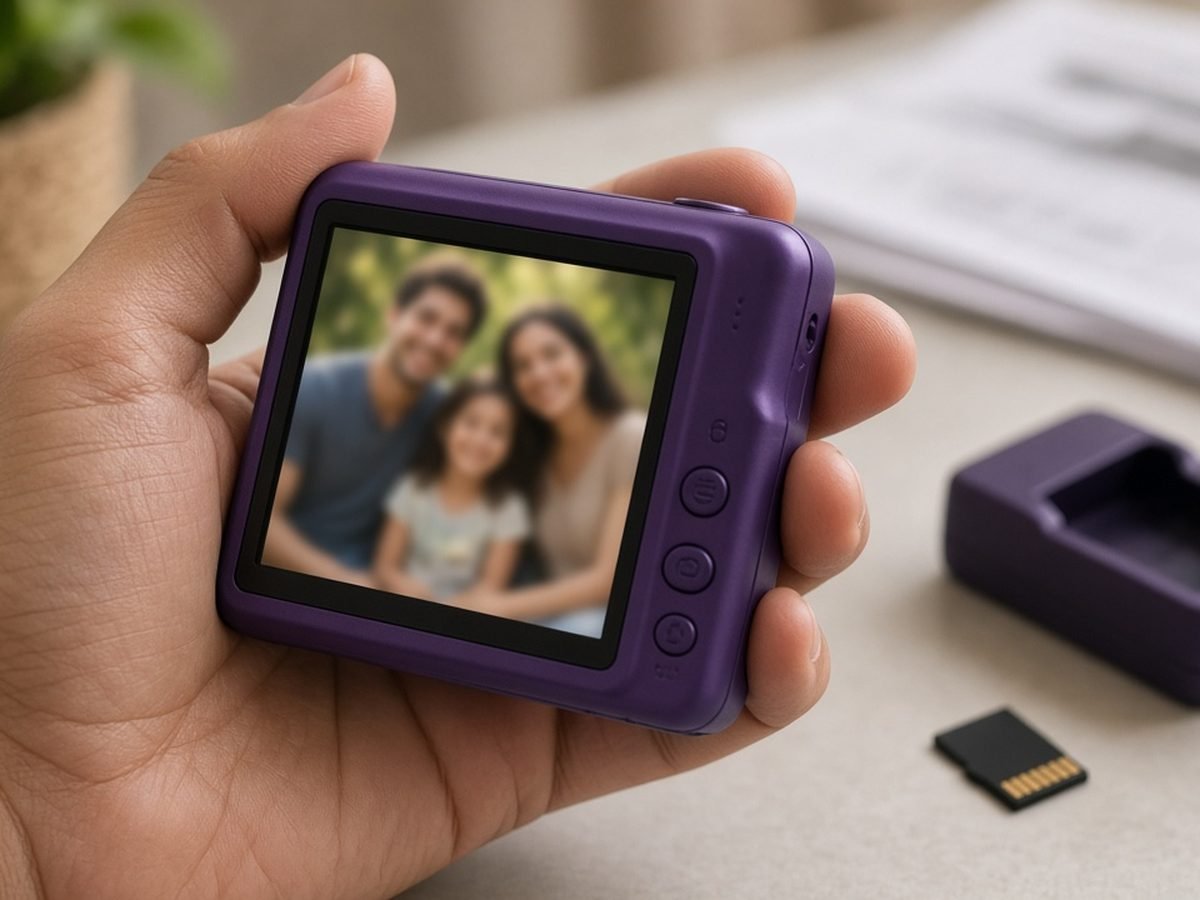 Mão segura câmera digital violeta com foto na tela traseira