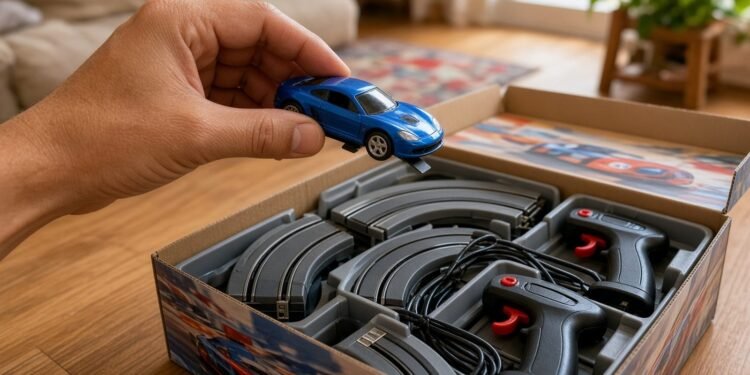 Dedos seguram carrinho azul de autorama sobre caixa com pista completa