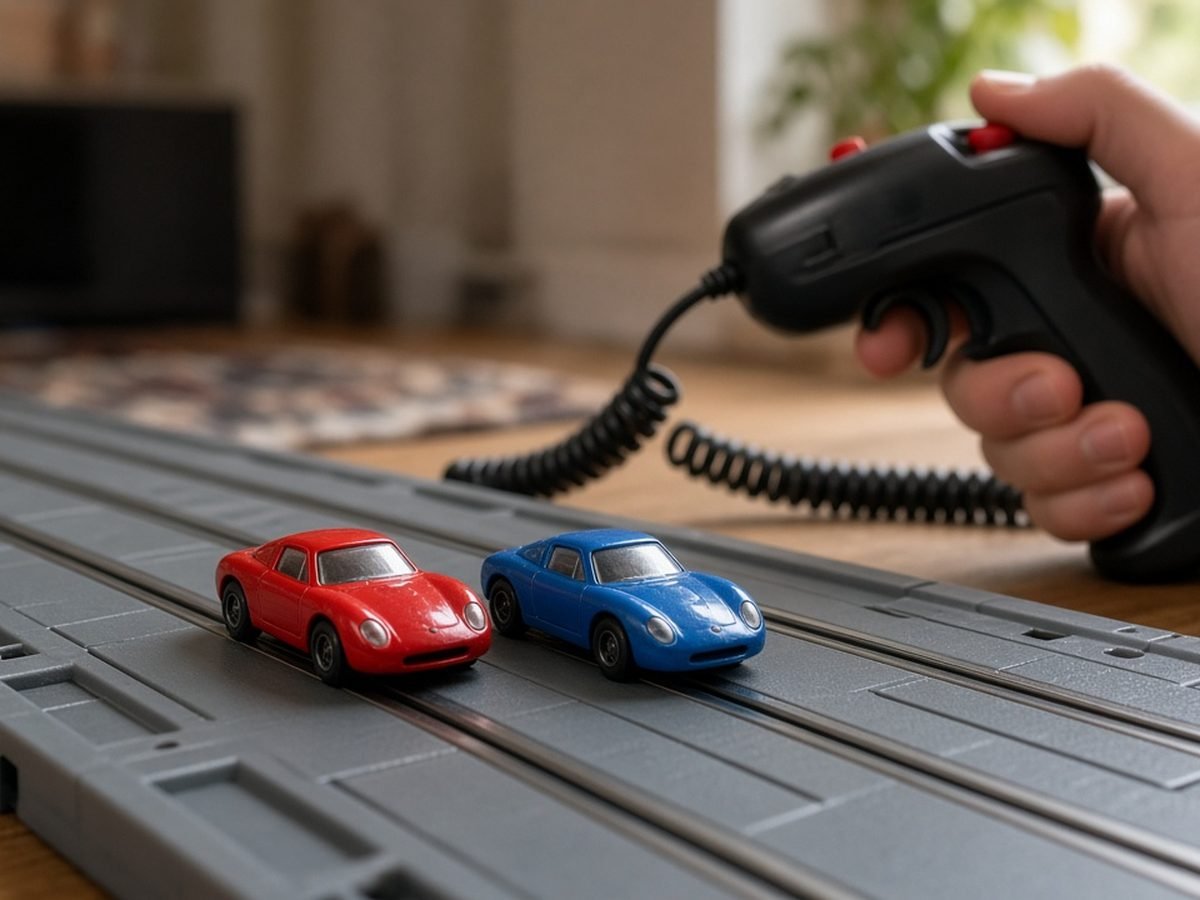 Carrinhos de autorama em pista plástica com controle de mão