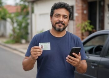 Motorista segura carteira de habilitação e celular ao lado do carro