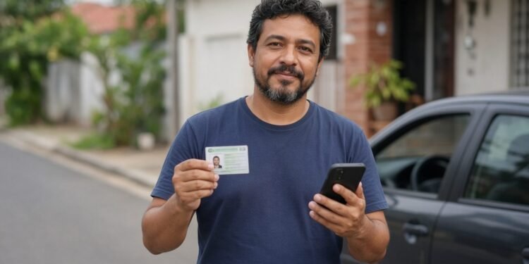 Motorista segura carteira de habilitação e celular ao lado do carro