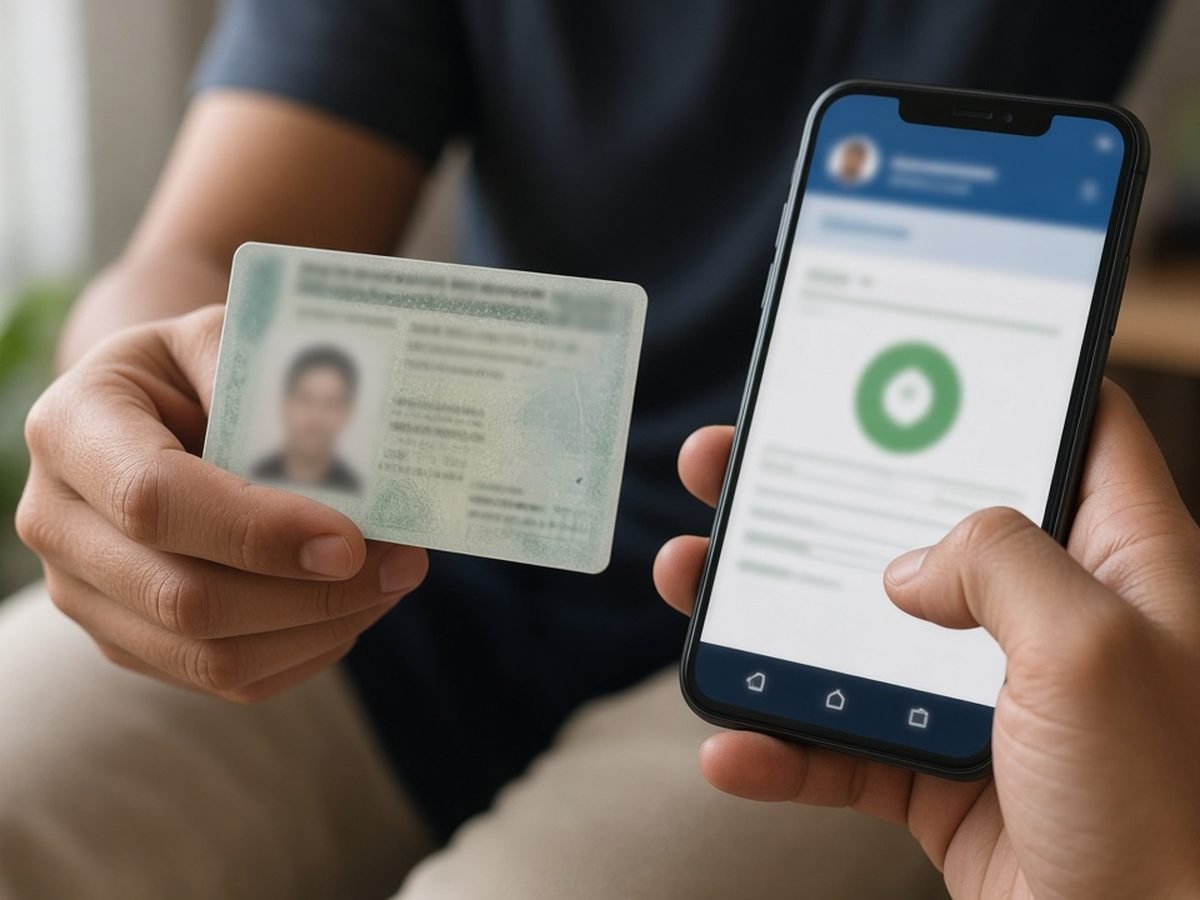 Mãos seguram carteira de habilitação e celular com aplicativo aberto