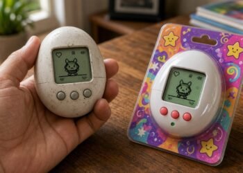 Bichinho virtual antigo na mão ao lado de um novo na embalagem