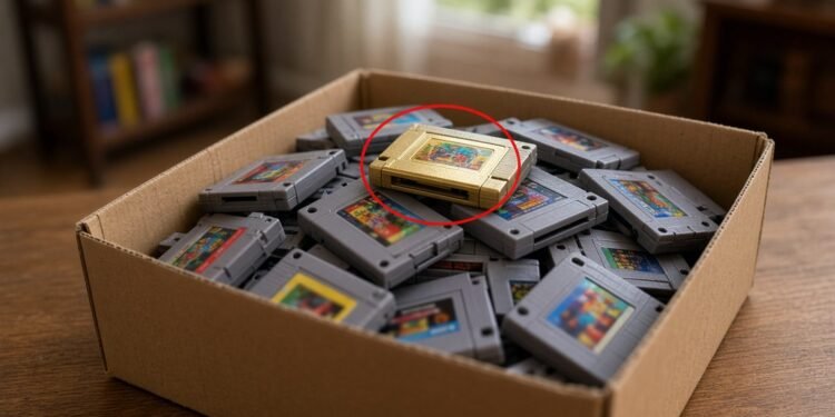 Caixa de cartuchos de videogame com um cartucho dourado marcado