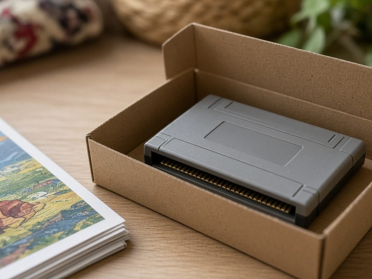 Cartucho de videogame dentro da caixa de papelão com manual impresso