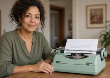 Mulher com as mãos sobre máquina de escrever portátil verde