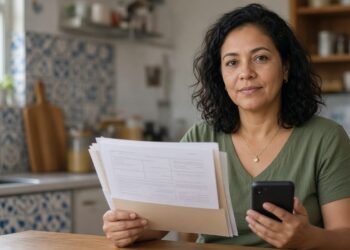 Mãe segura pasta de documentos da família e celular na mesa da cozinha