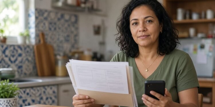 Mãe segura pasta de documentos da família e celular na mesa da cozinha