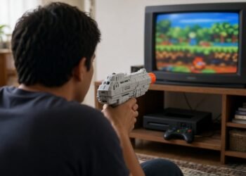 Homem mira pistola de videogame na televisão de tubo