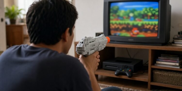 Homem mira pistola de videogame na televisão de tubo
