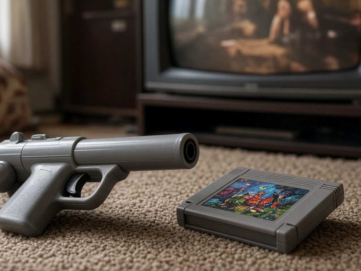 Pistola de videogame e cartucho sobre tapete diante de televisão de tubo