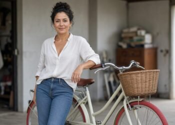 Mulher ao lado de bicicleta feminina antiga restaurada com cestinha