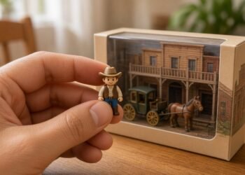 Dedo segura bonequinho de plástico diante de conjunto de hotel de brinquedo