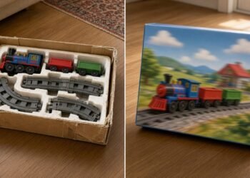 Caixa antiga de trenzinho de brinquedo aberta ao lado de uma caixa nova