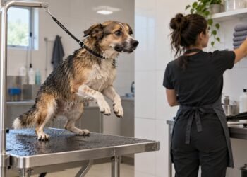Cão preso pela guia à mesa de banho pode se enforcar em segundos se o funcionário se afastar