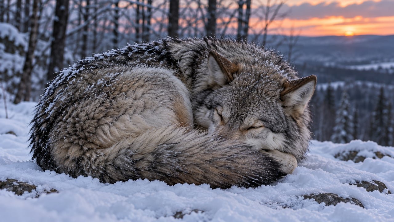 Os lobos se enrolam com a cauda sobre o focinho e as patas para reter calor em noites geladas
