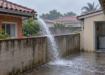 O artigo 1.300 do Código Civil determina que quem constrói não pode despejar águas pluviais diretamente sobre o imóvel vizinho