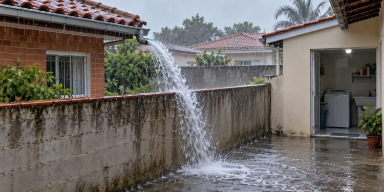 O artigo 1.300 do Código Civil determina que quem constrói não pode despejar águas pluviais diretamente sobre o imóvel vizinho