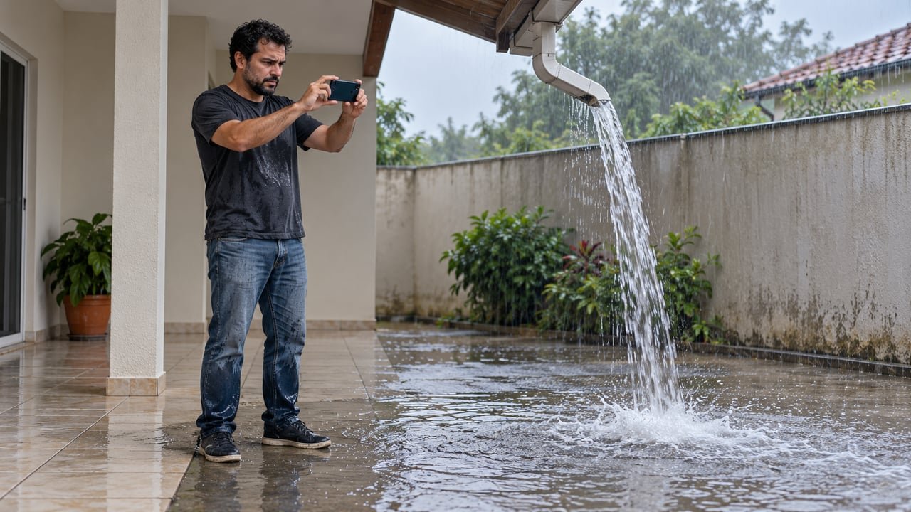 Vídeos e fotos feitos durante a chuva, com data e horário, são a prova mais útil para mostrar o trajeto da água da calha