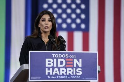 KISSIMMEE, FL - SEPTEMBER 15: Actress Eva Longoria speaks at a Hispanic heritage event with Democratic presidential nominee and former Vice President Joe Biden at Osceola Heritage Park on September 15, 2020 in Kissimmee, Florida. National Hispanic Heritage Month in the United States runs from September 15th to October 15th.   Drew Angerer/Getty Images/AFP== FOR NEWSPAPERS, INTERNET, TELCOS &TELEVISION USE ONLY ==