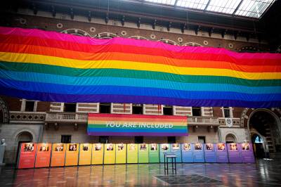 A giant rainbow flag - a 30-metre section of a Rainbow Flag created by Gilbert Baker in commemoration for the Stonewall uprising - is being raised at Copenhagen City Hall on August 11, 2021, as preparations are under way for the Copenhagen 2021 WorldPride and EuroGames. According to the organisers, the "most significant LGBTI+ event in 2021 combining WorldPride, EuroGames, an eclectic arts and culture program, and the biggest ever LGBTI+ human rights forum" will take place from August 12 to 22, 2021. - Denmark OUT (Photo by Ida Guldbaek Arentsen / RITZAU SCANPIX / AFP)